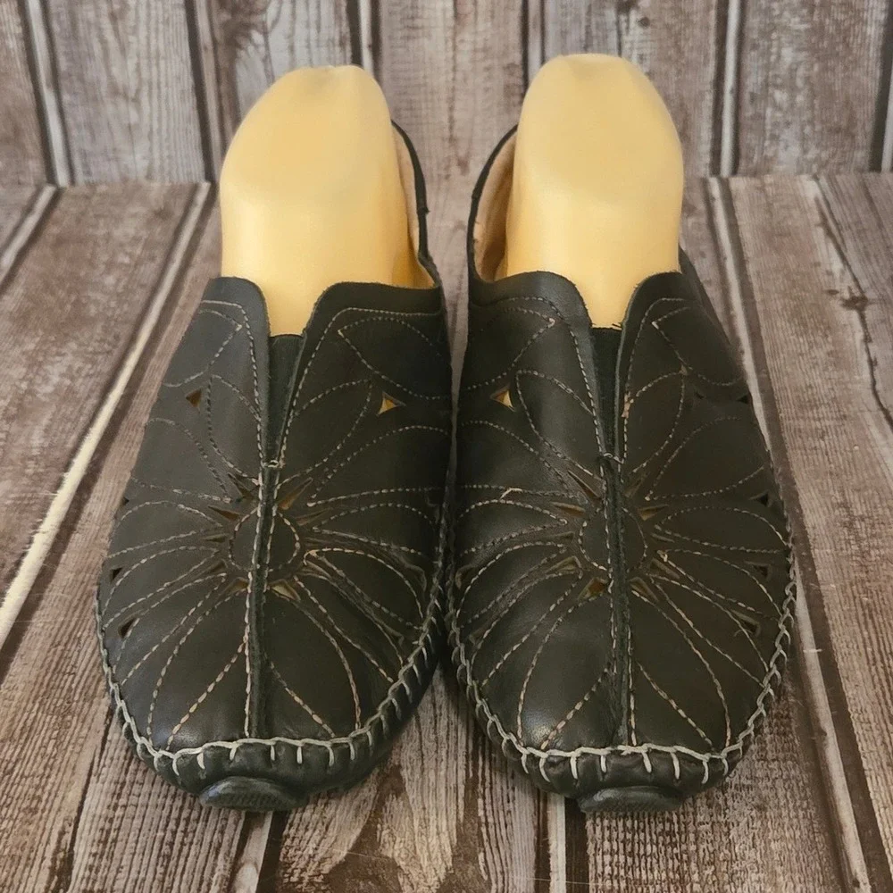 39 / 8.5-9 Pikolinos Jerez Black Leather Skimmer Floral Cutout Flats Shoes VGUC